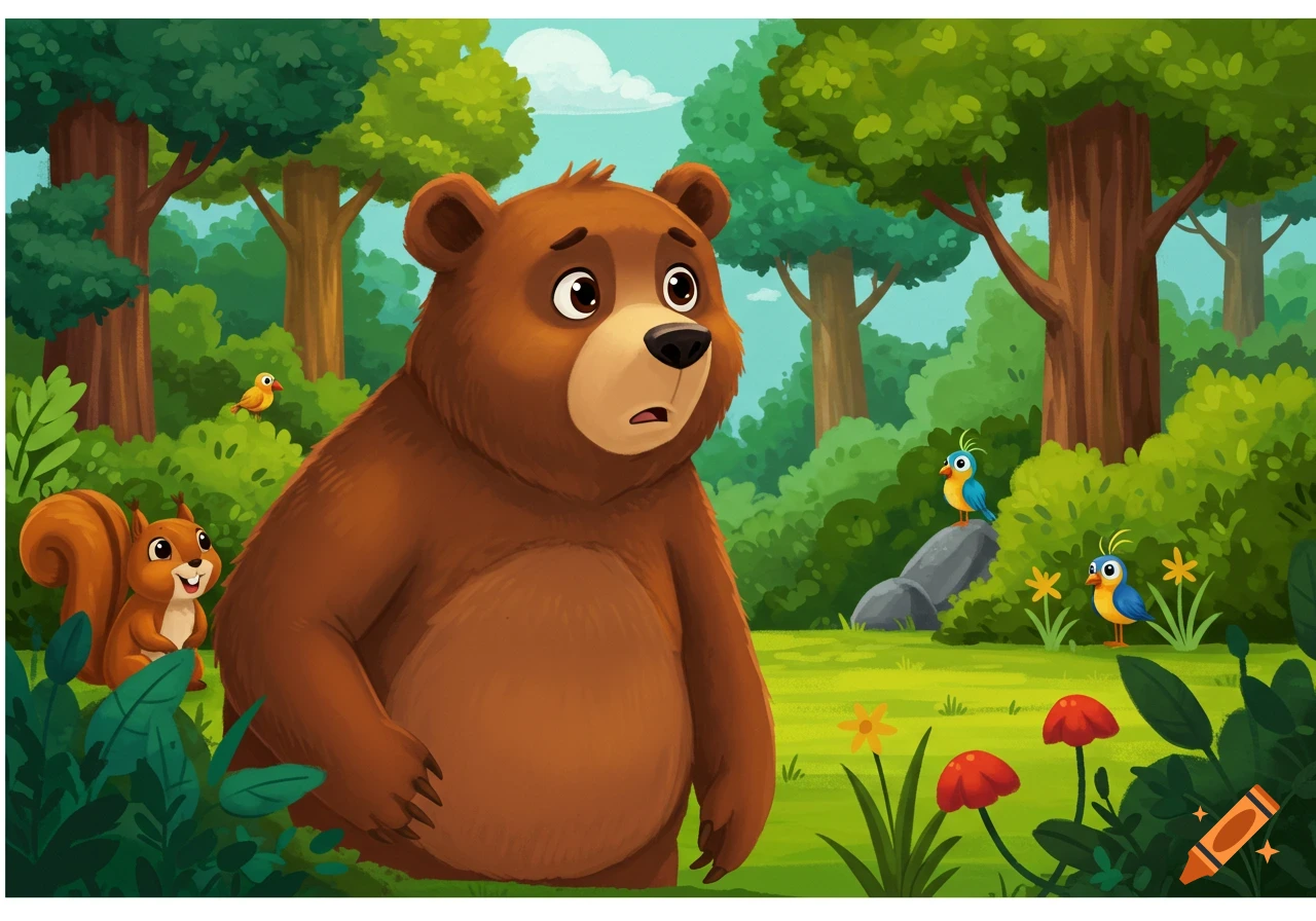 Cartoon bear looking surprised in a forest with a squirrel and birds.