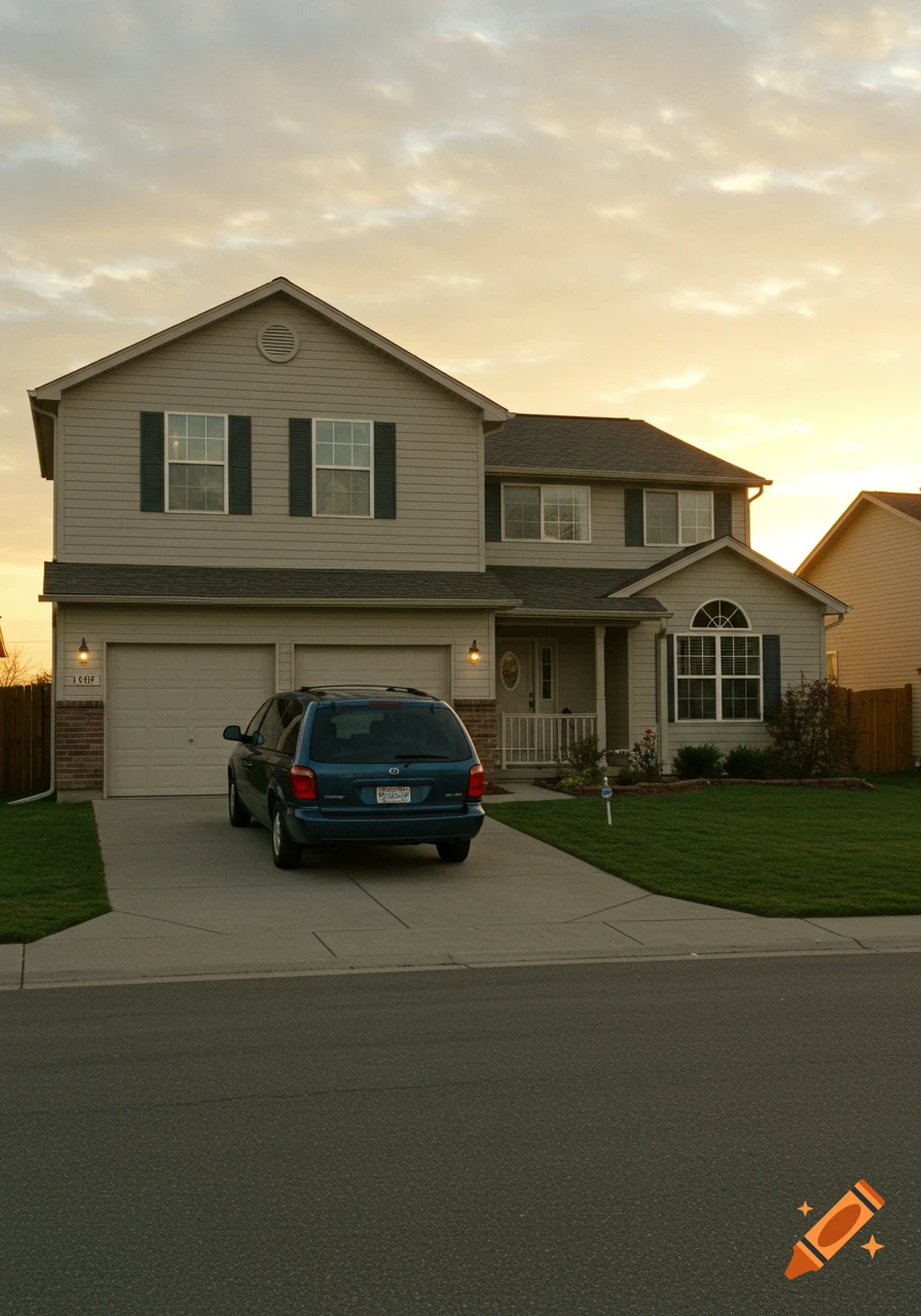A suburban house with a minivan in the driveway at sunset.