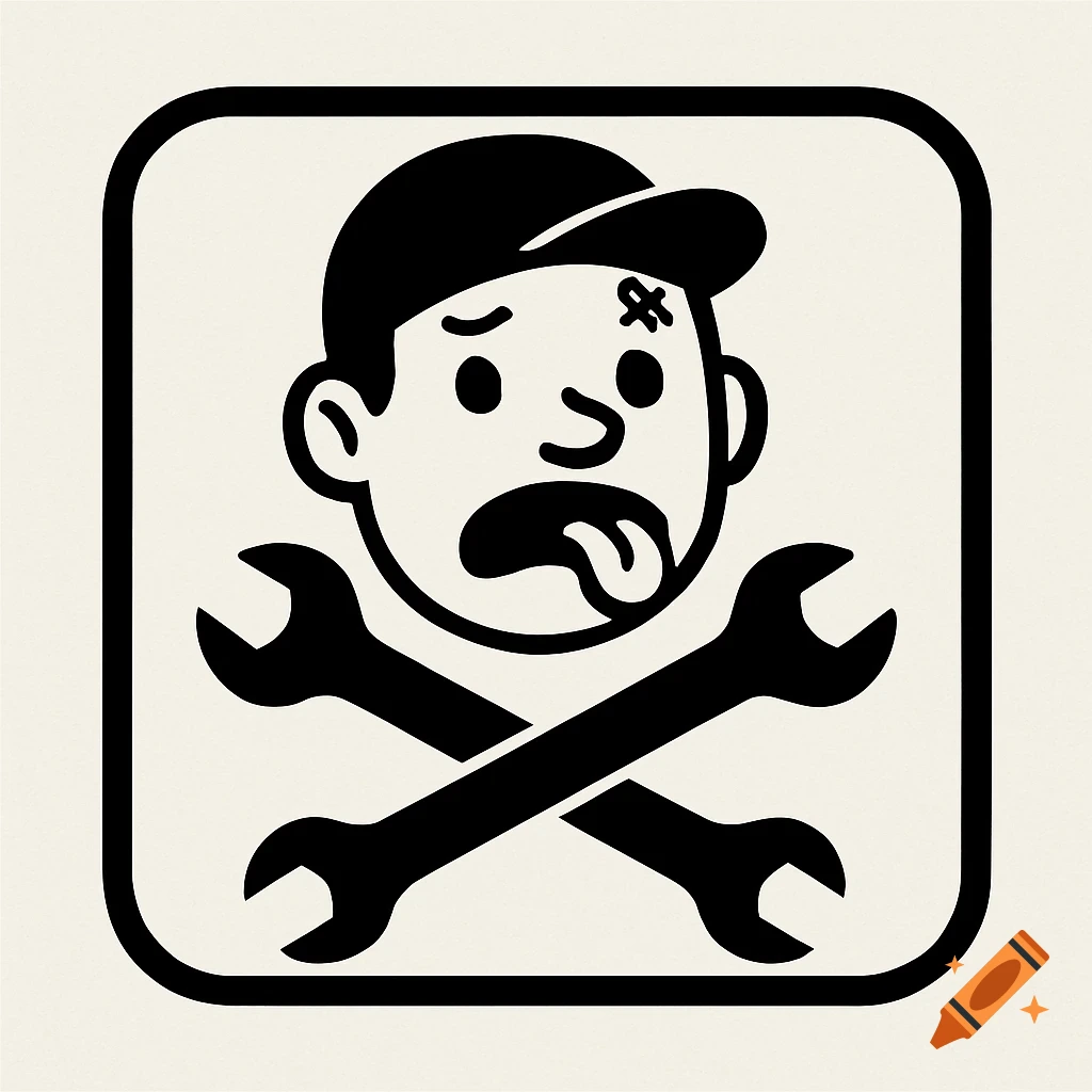 Black and white logo illustration of a cartoon person's head with cap over crossed wrenches.
