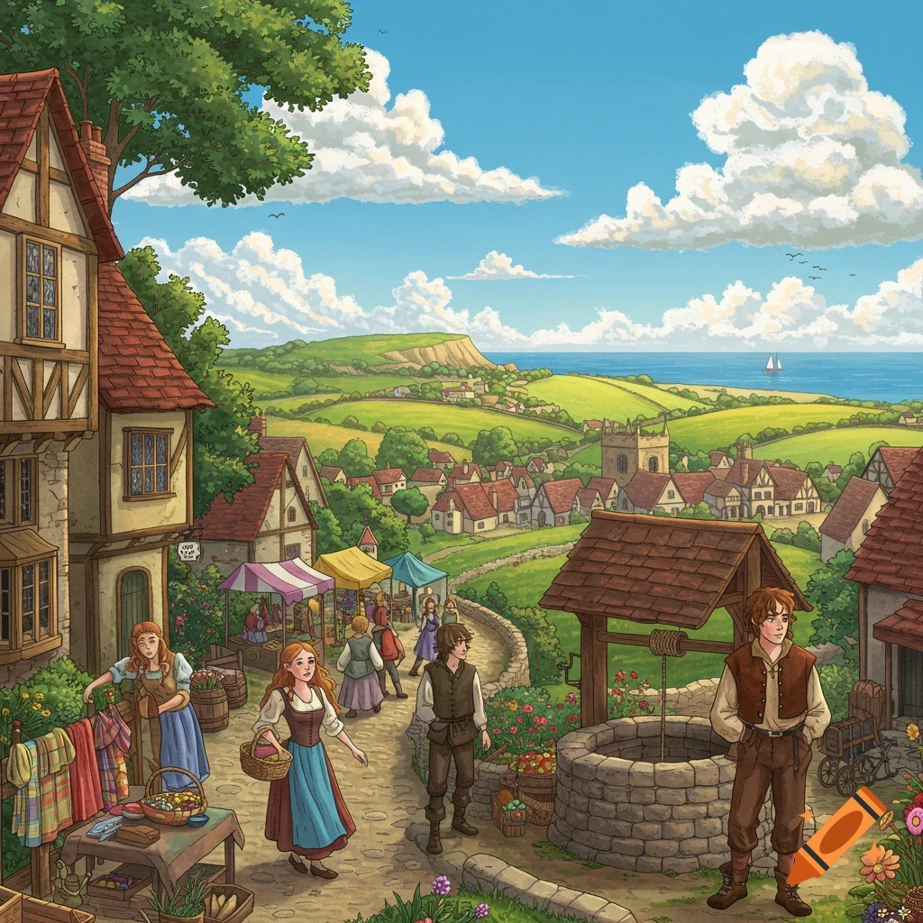 A busy market in a village overlooking the sea.