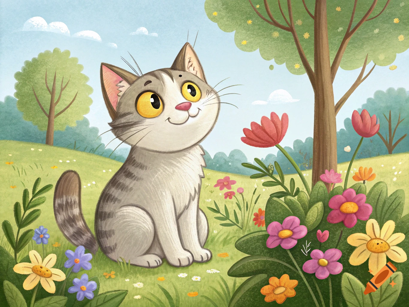 A smiling cartoon cat sits in a sunny field of colorful flowers and green grass.