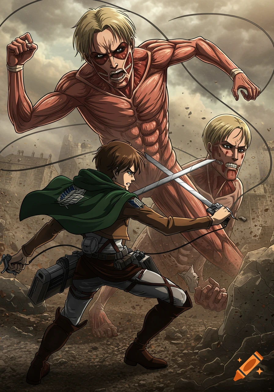 Anime style depiction of Eren Yeager fighting two titans in a destroyed city.