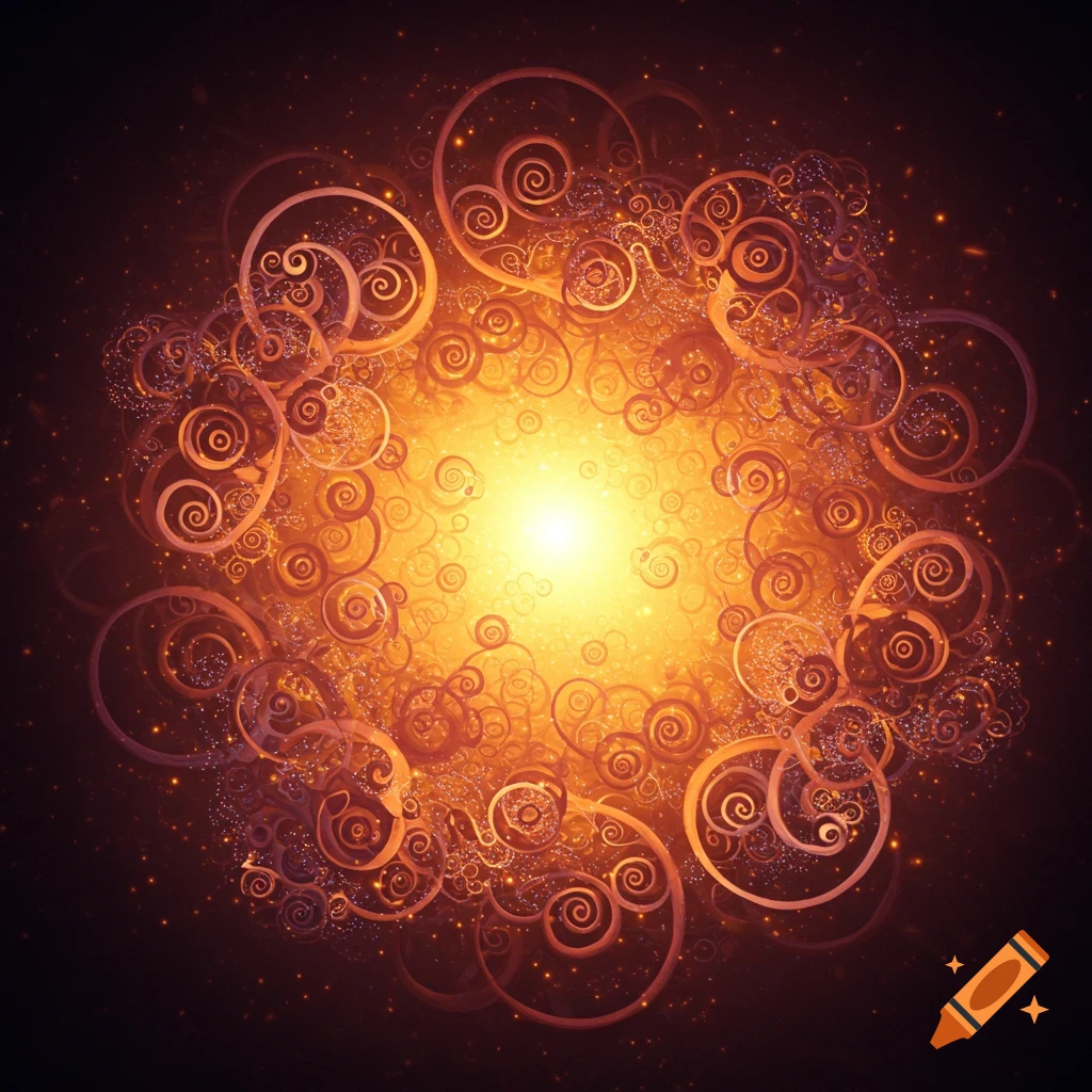 Abstract image with swirling orange and pink patterns and glittering particles around a bright central light.