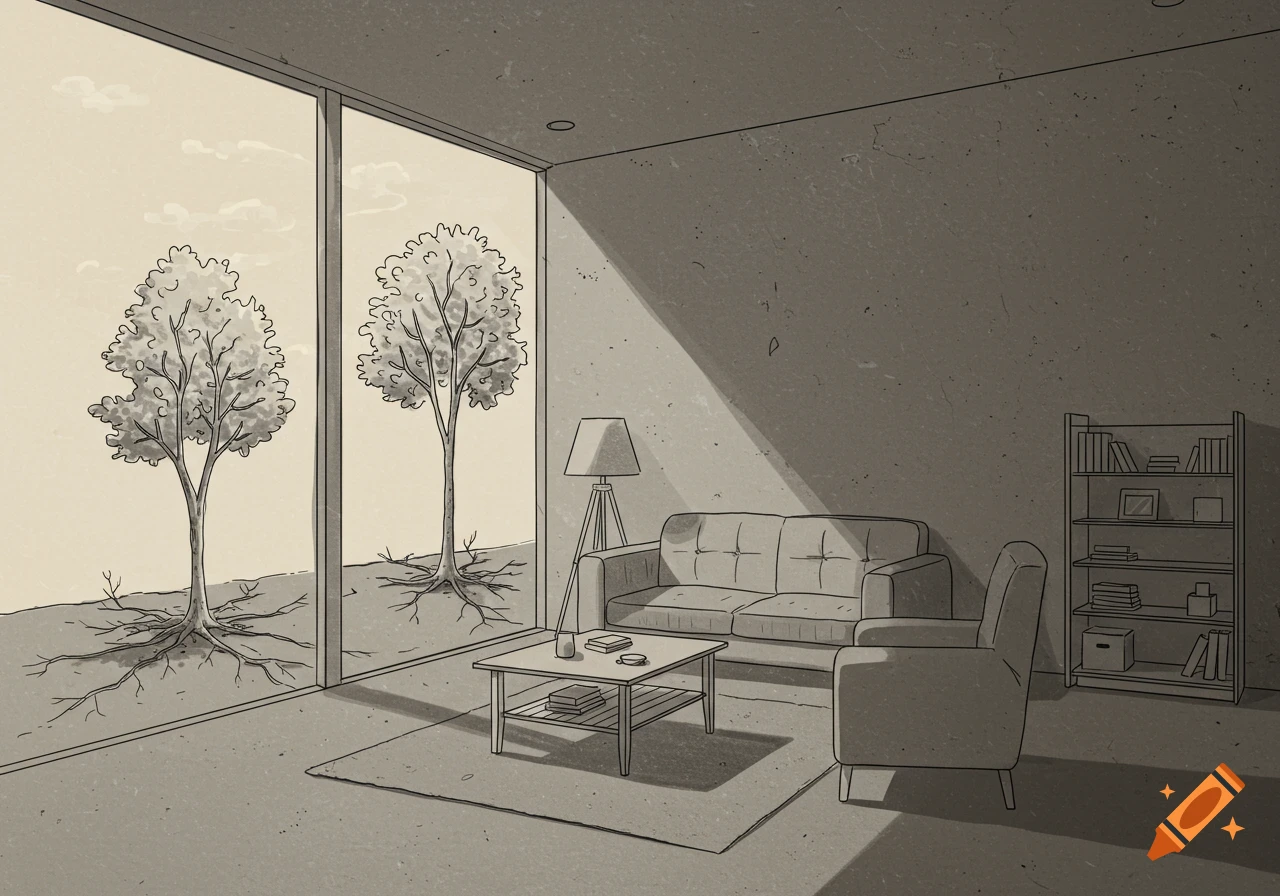 Minimalist line drawing of an empty room interior with a couch, armchair, table, bookshelf, and large windows showing two trees.