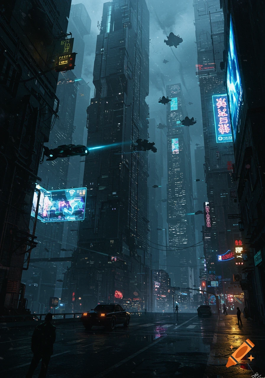 A dark, futuristic cityscape with tall skyscrapers, flying vehicles, neon signs, and rainy streets.