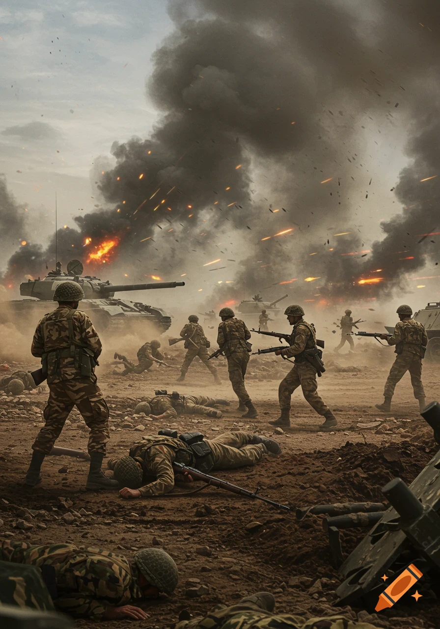 A battle scene with soldiers and tanks amidst smoke and fire.