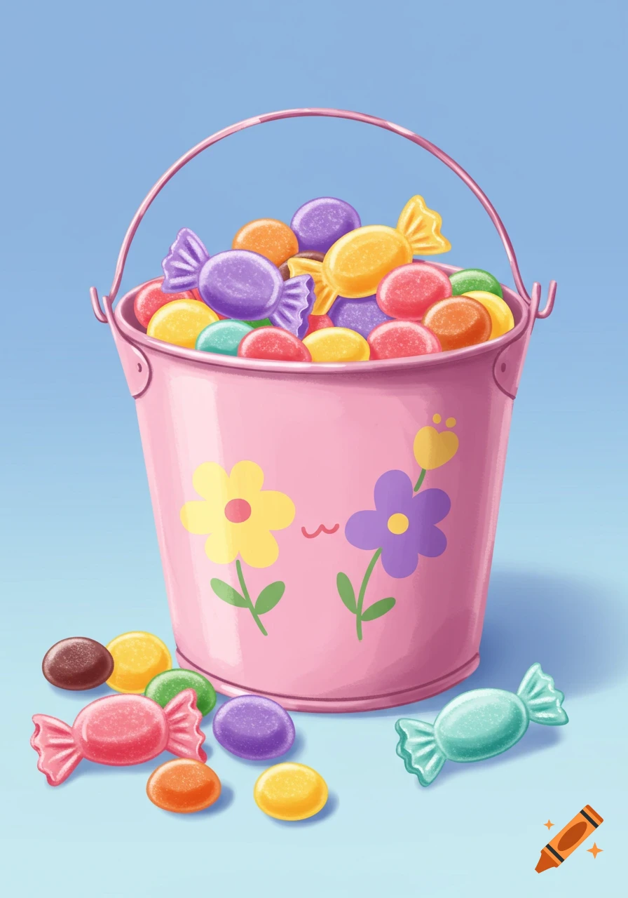 A pink bucket filled with colorful candies with more candy scattered below.
