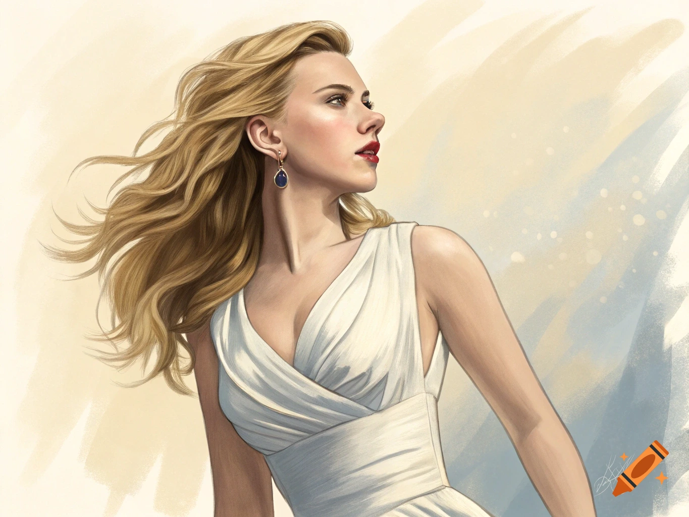 Blonde woman in a white dress looking right.