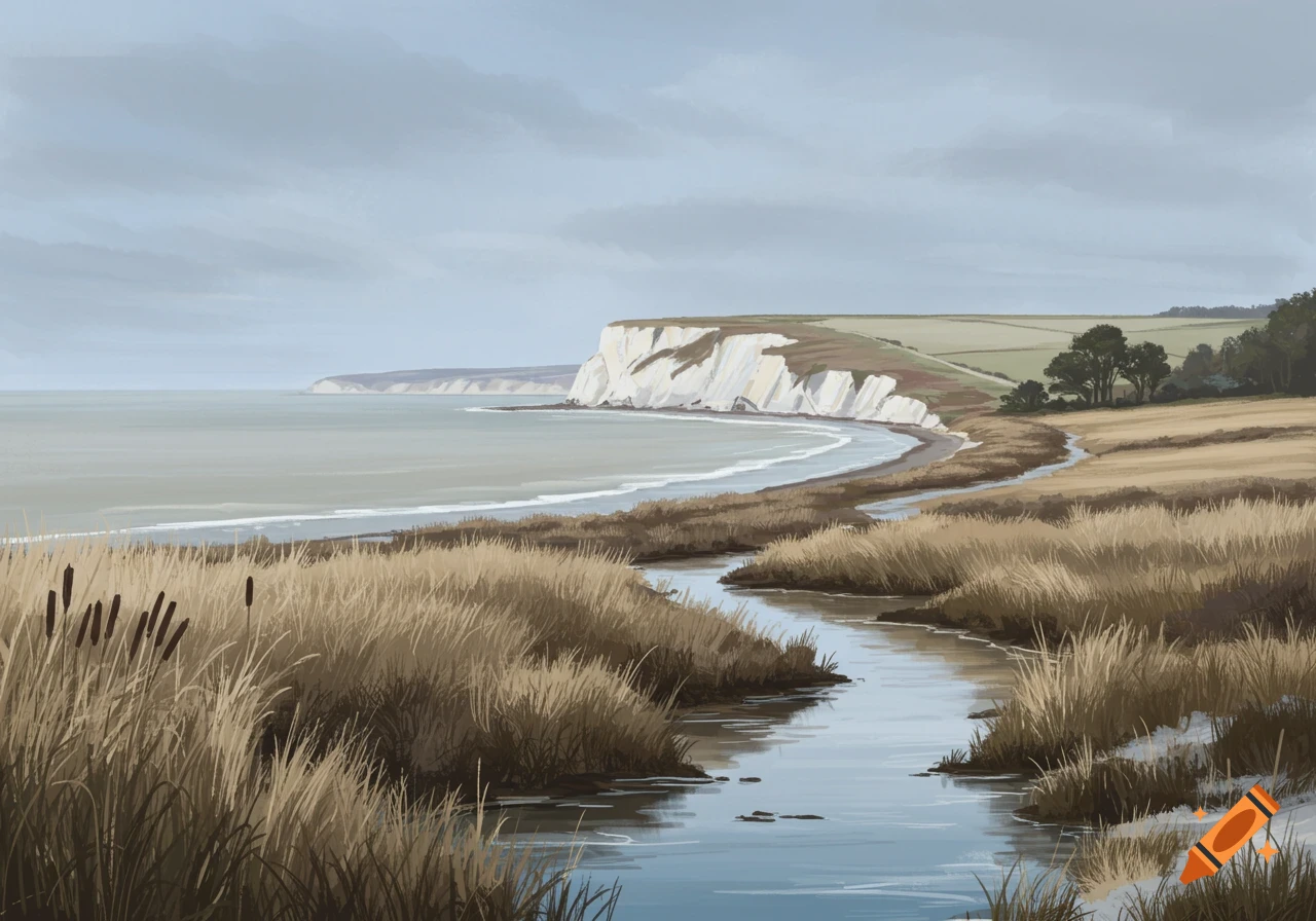 A coastal landscape with a river winding through grasses, leading towards white cliffs under a cloudy sky.