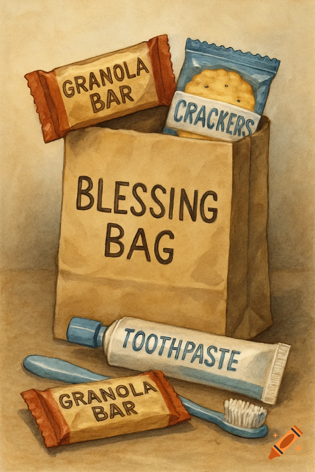 A brown paper bag labeled "Blessing Bag" with granola bars, crackers, toothpaste, and toothbrush.
