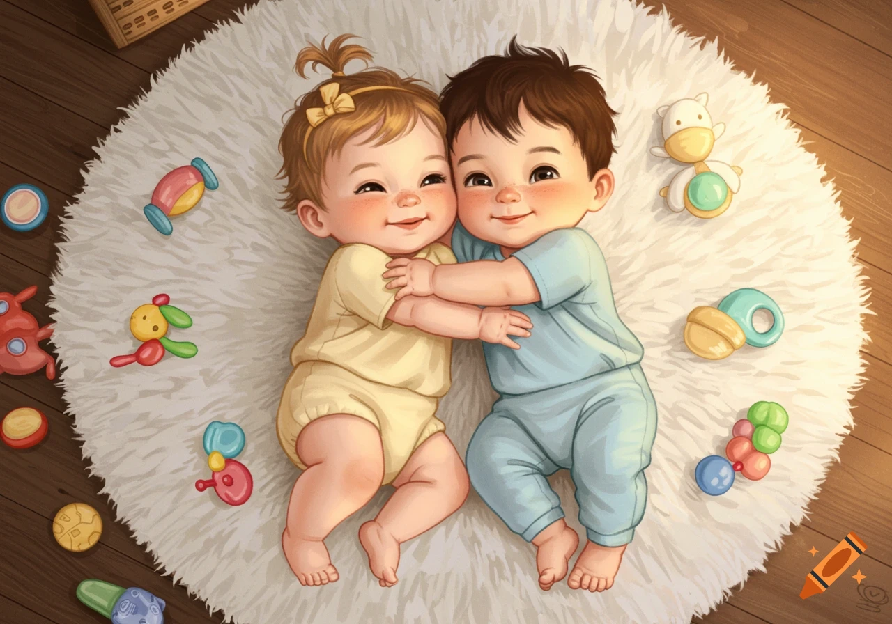 Two babies hugging on a fluffy rug surrounded by toys, in a children's book illustration style.