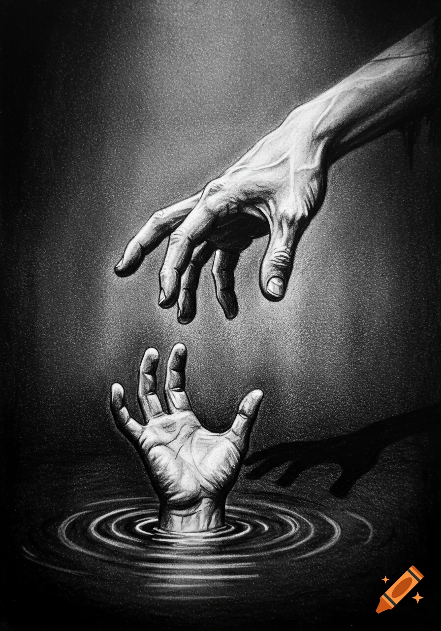 A dramatic sketch illustration of one hand reaching down towards another hand emerging from dark water.