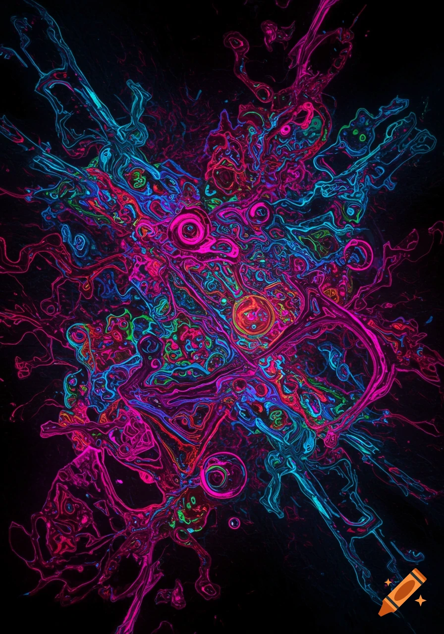 Abstract psychedelic pattern with bright neon pink, blue, and green lines on a black background.