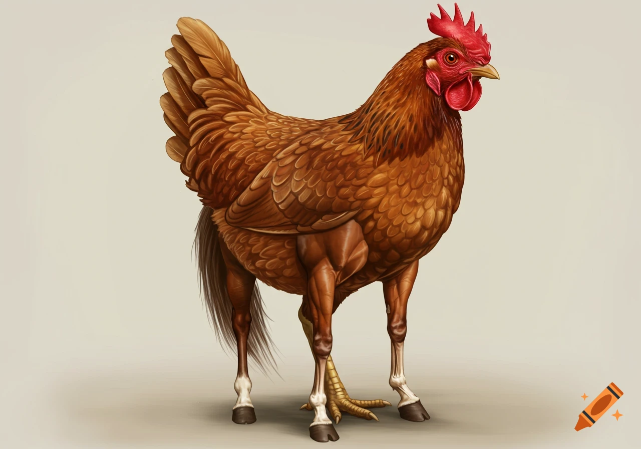 A hybrid creature, a chicken body with horse-like legs and hooves, standing on a light background.
