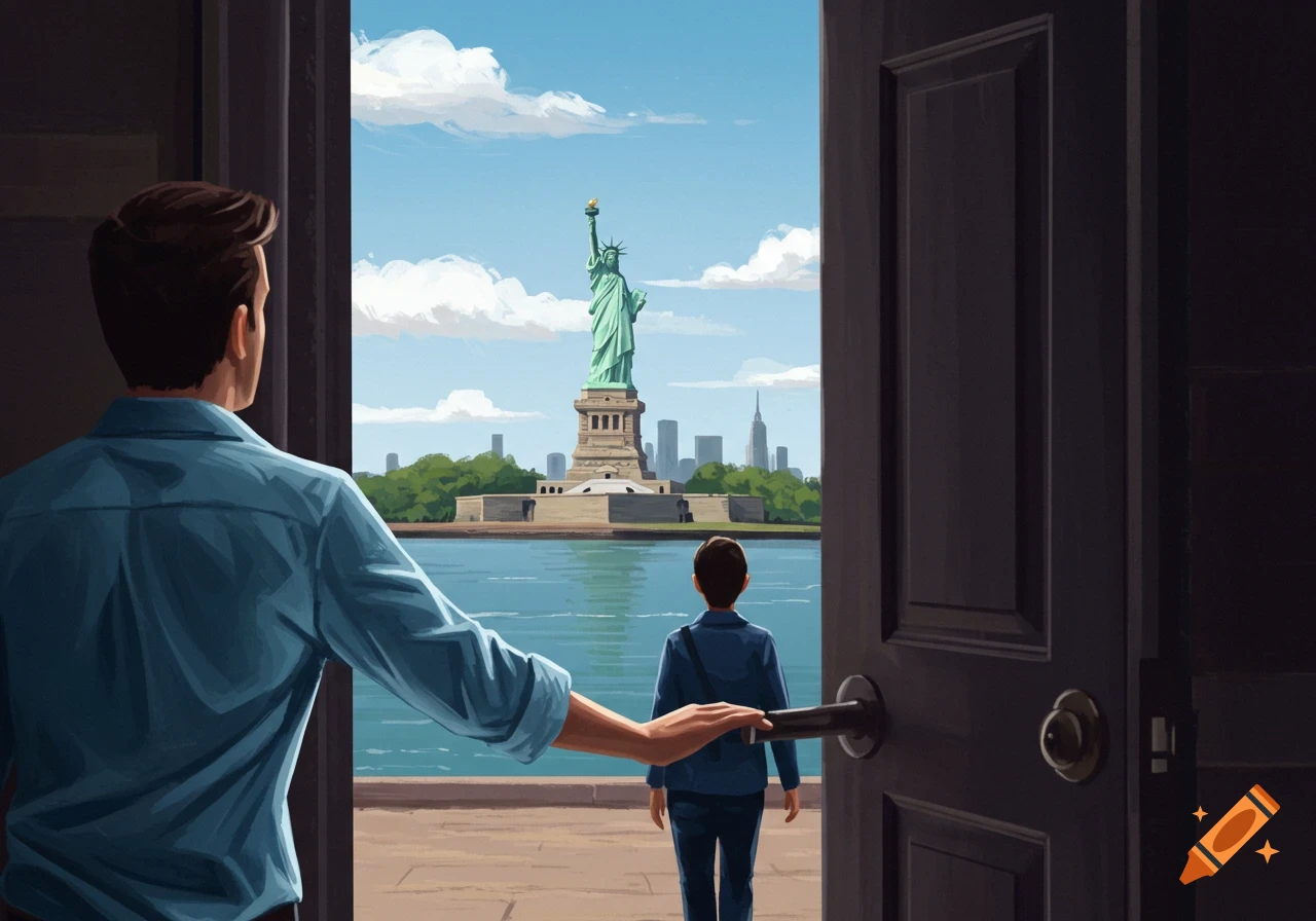 A man is holding a door open, revealing the Statue of Liberty across the water, viewed by another person.
