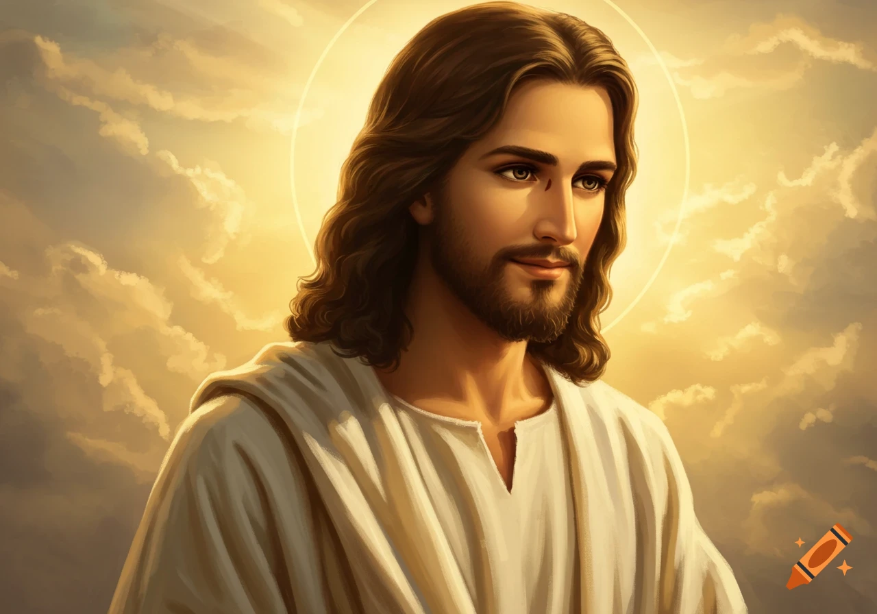 Jesus with a halo against a cloudy, golden sky.