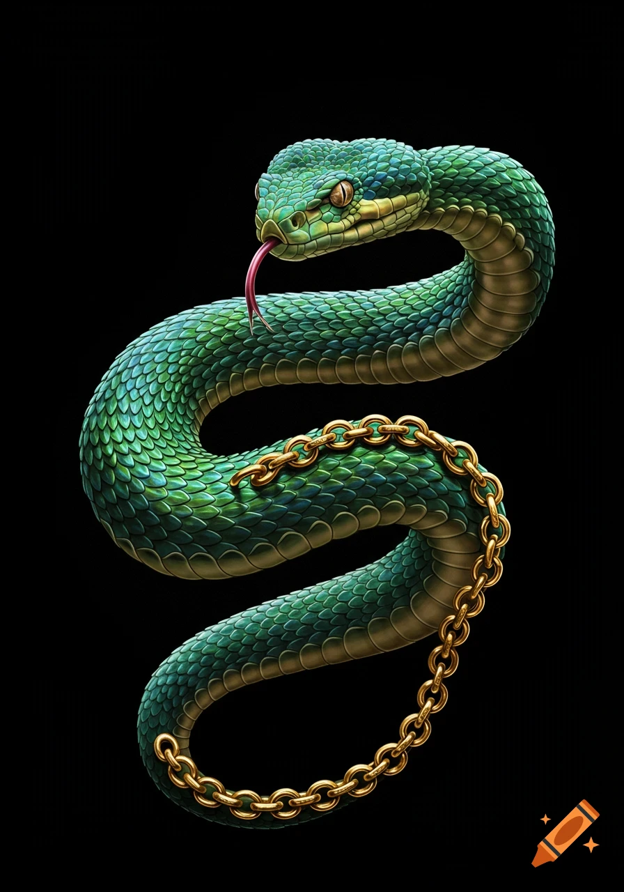 Green viper snake with a gold chain wrapped around its coiled body against a black background