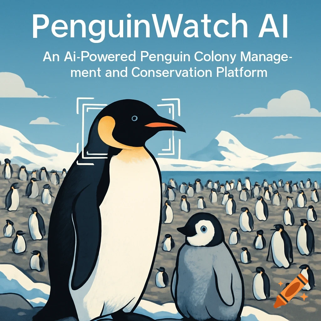 Illustration of large and small penguins with a colony, text 'PenguinWatch AI' overhead