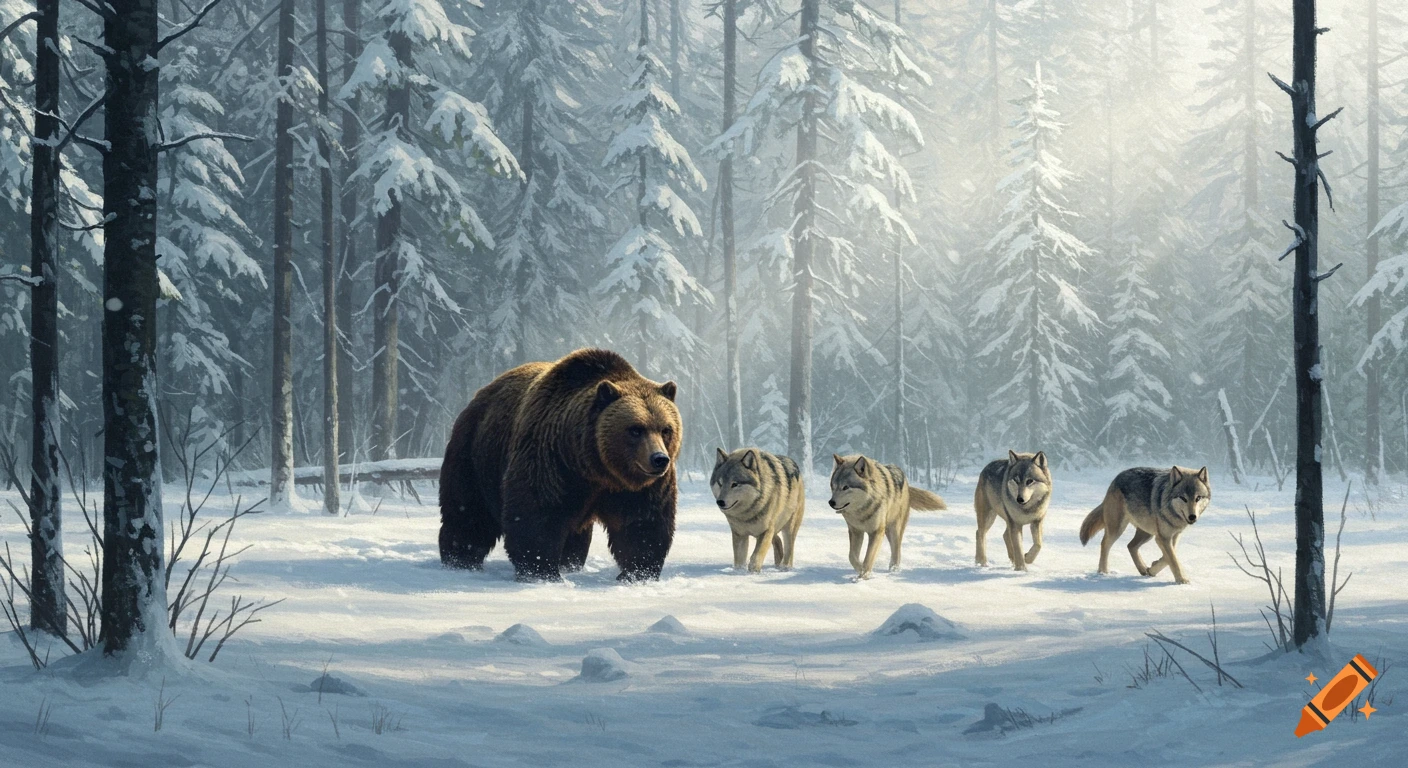 A bear and a pack of wolves walking through a snowy forest.