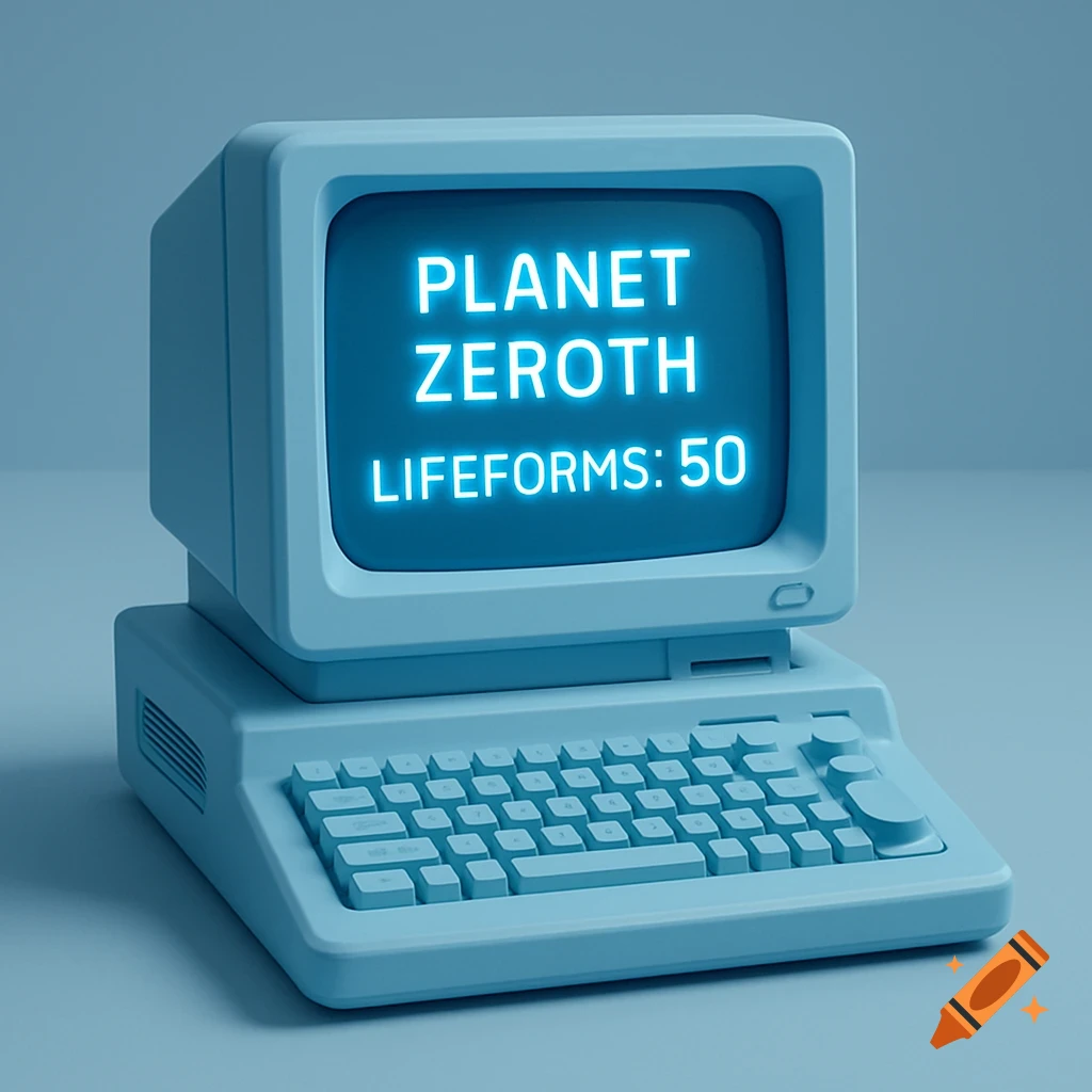 A light blue 3D rendered retro computer displaying 'PLANET ZEROTH LIFEFORMS: 50' on its screen.
