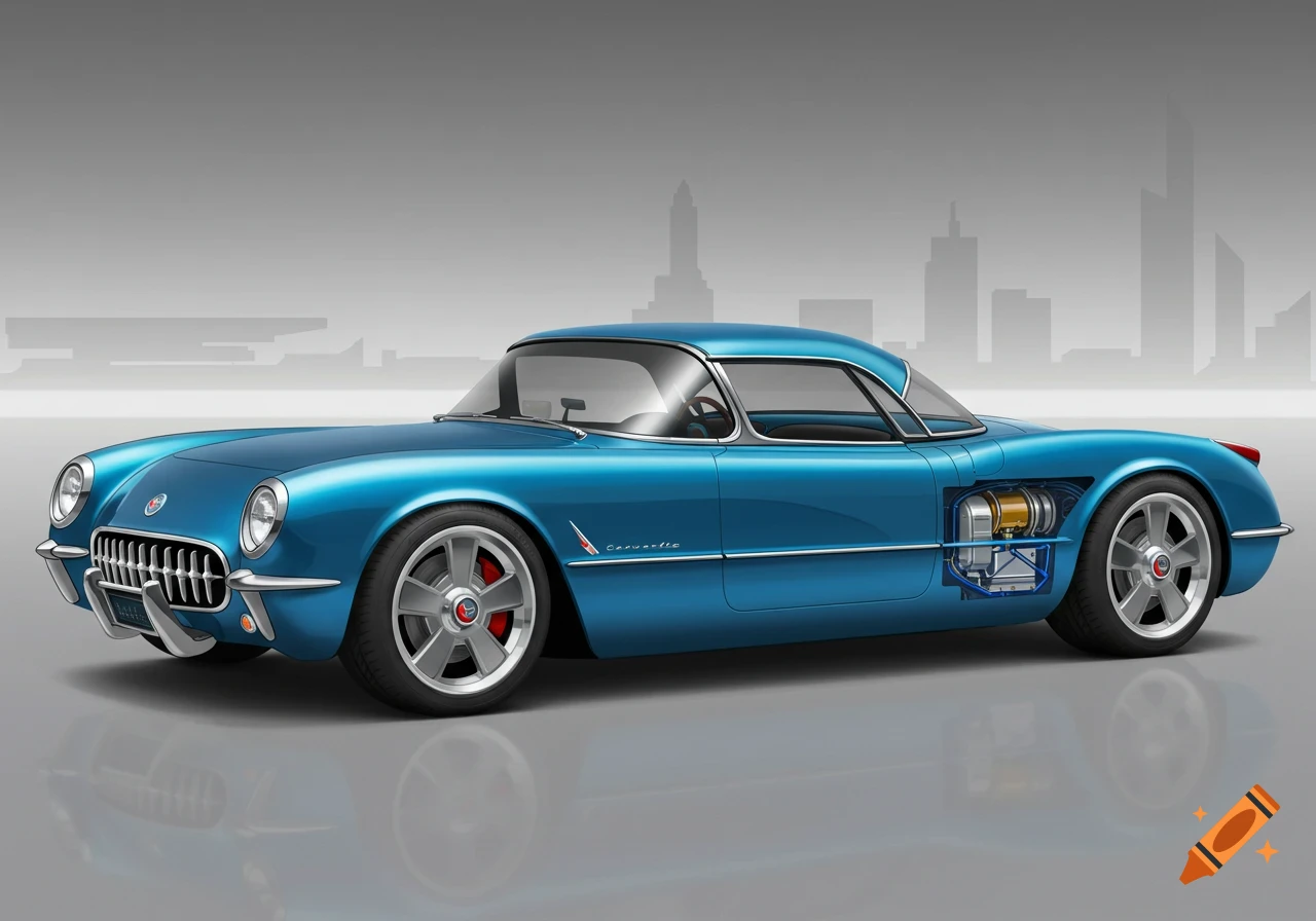 A blue 1954 Chevrolet Corvette with a cutaway view showing electric components.