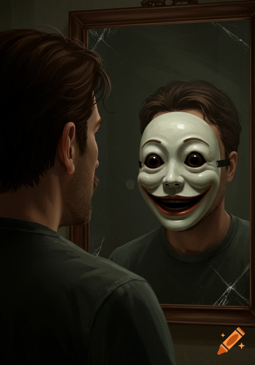 A man looks in a mirror where his reflection wears a creepy smiling mask.