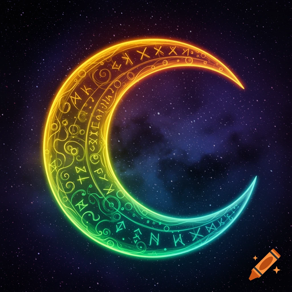 A glowing crescent moon symbol with intricate runes in gradient colors against a starry night sky.
