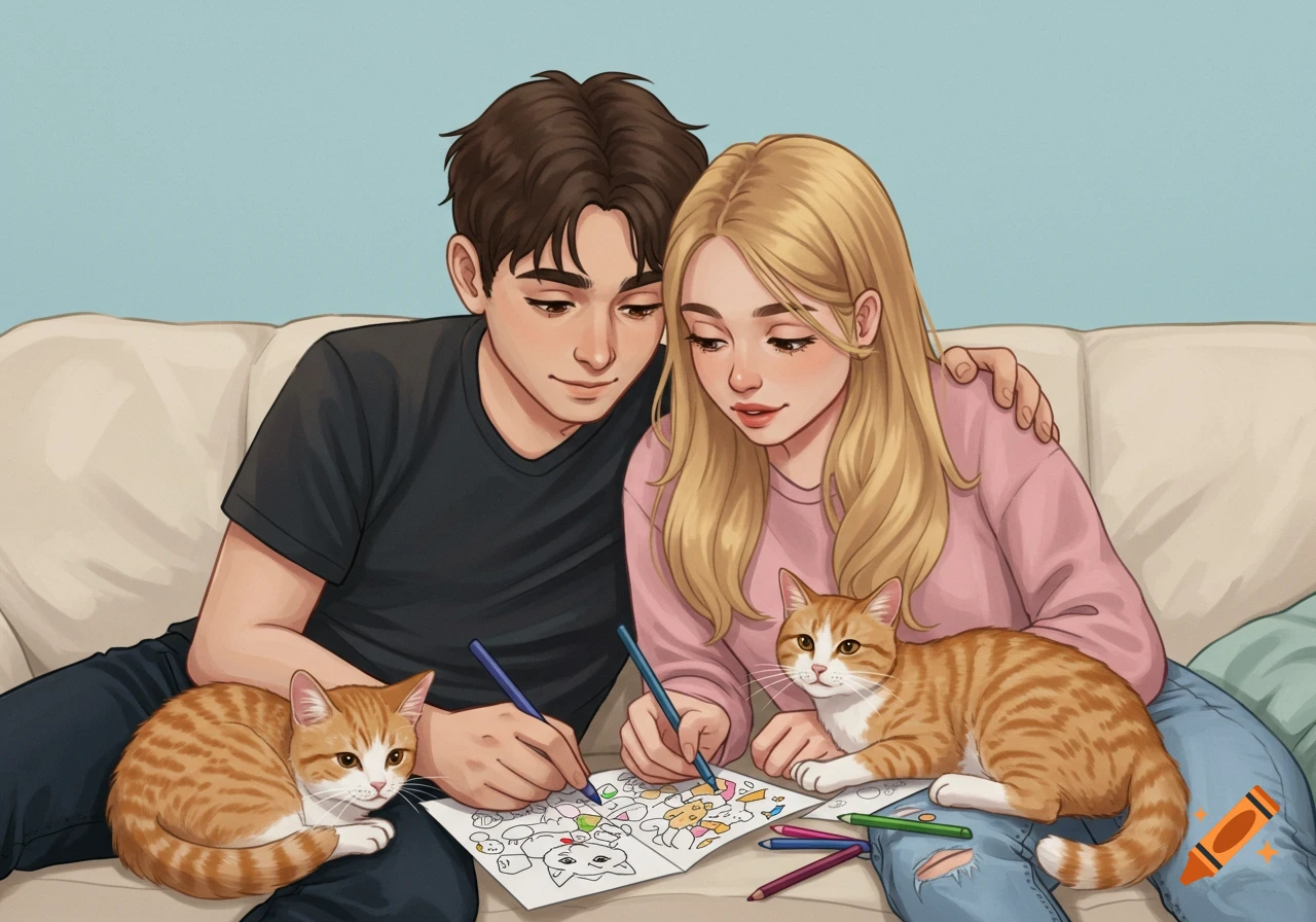 Illustration of a couple on a couch coloring a picture with two cats