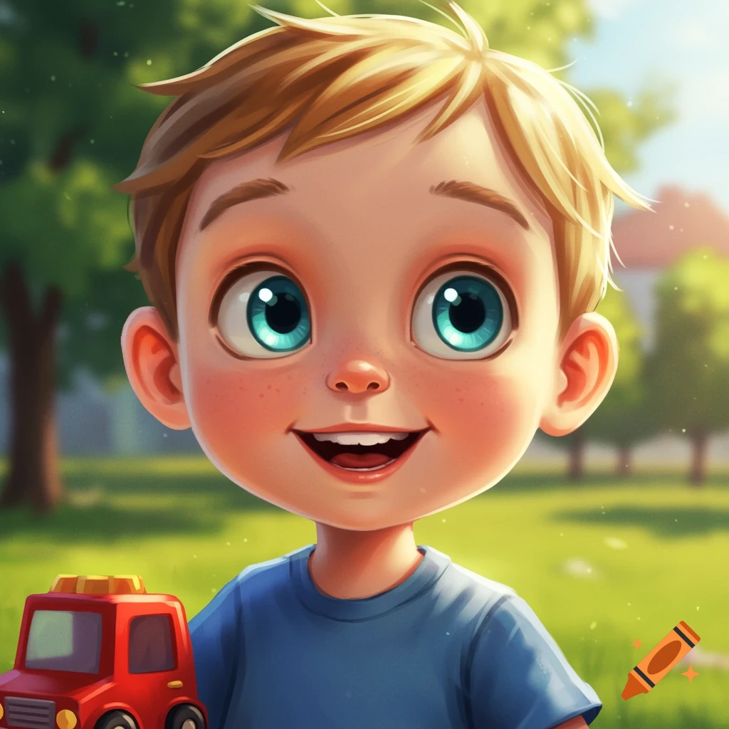 A cartoon illustration of a smiling boy holding a red toy truck in a sunny park.