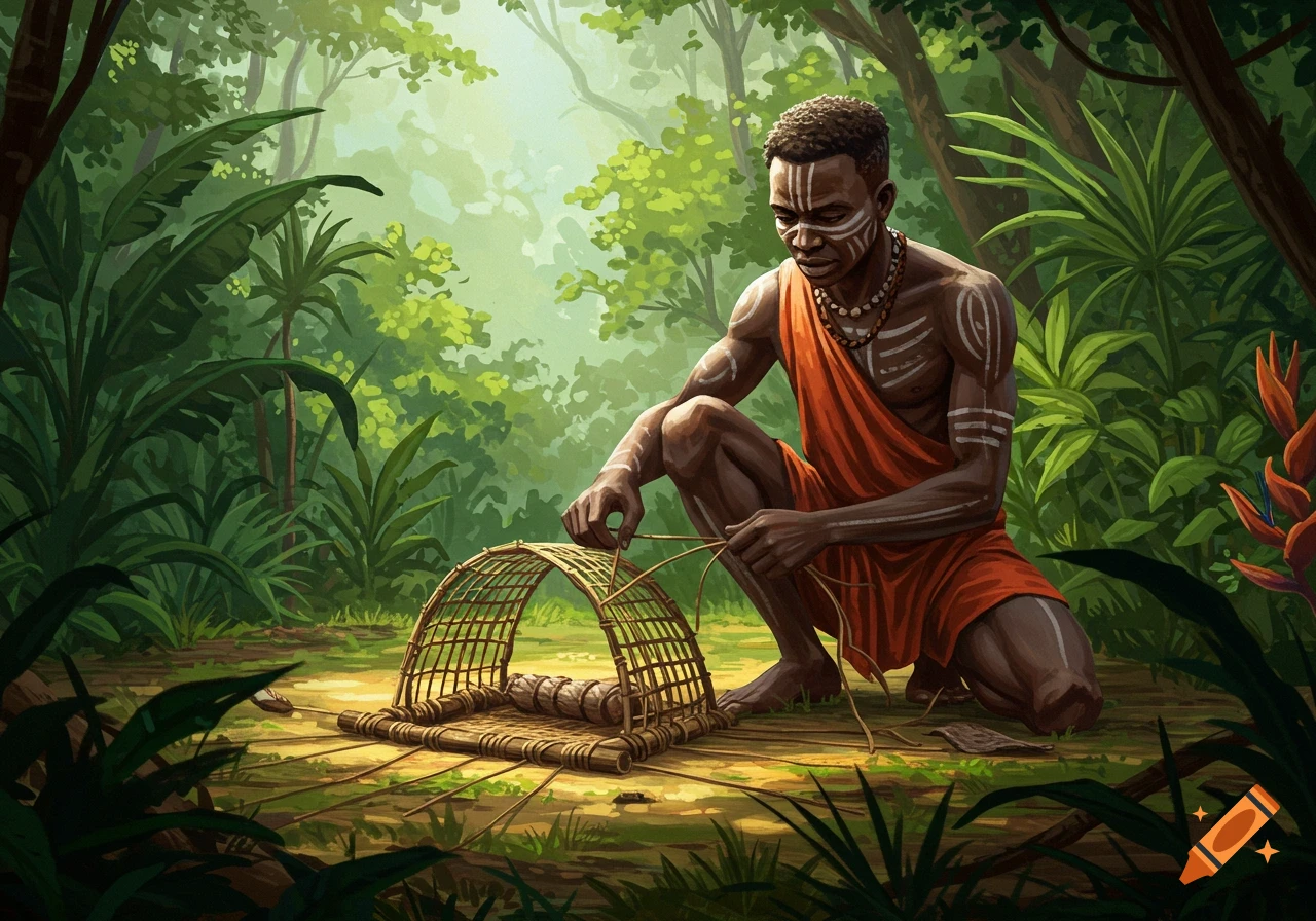 A man sets a trap in a lush jungle.