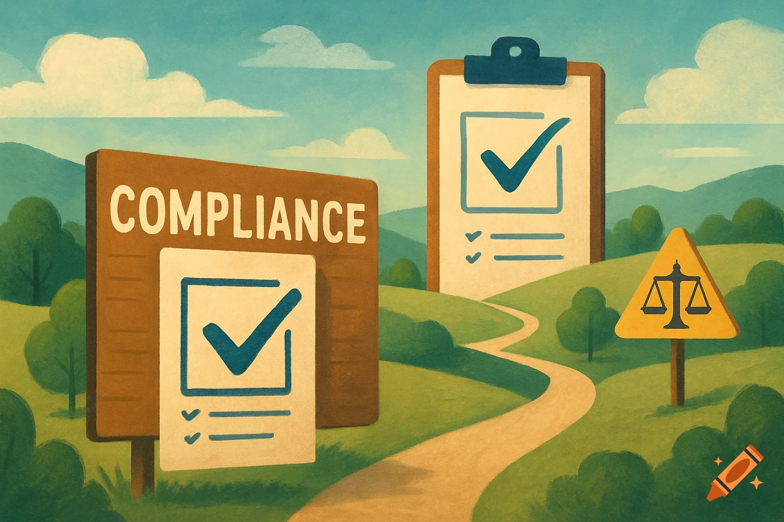 Digital illustration of a landscape with signs for compliance, a checklist, and scales of justice.