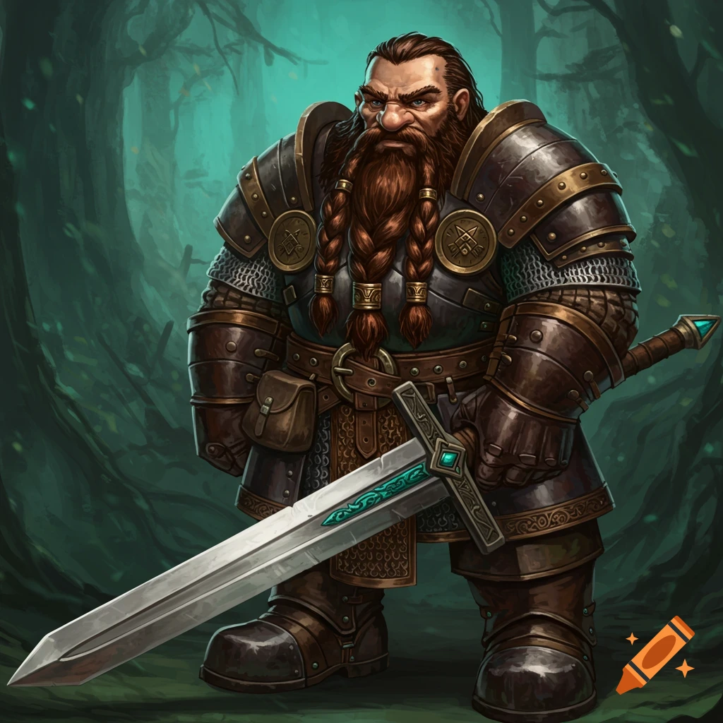A heavily armored dwarf warrior with a long braided beard, holding a greatsword in a forest.