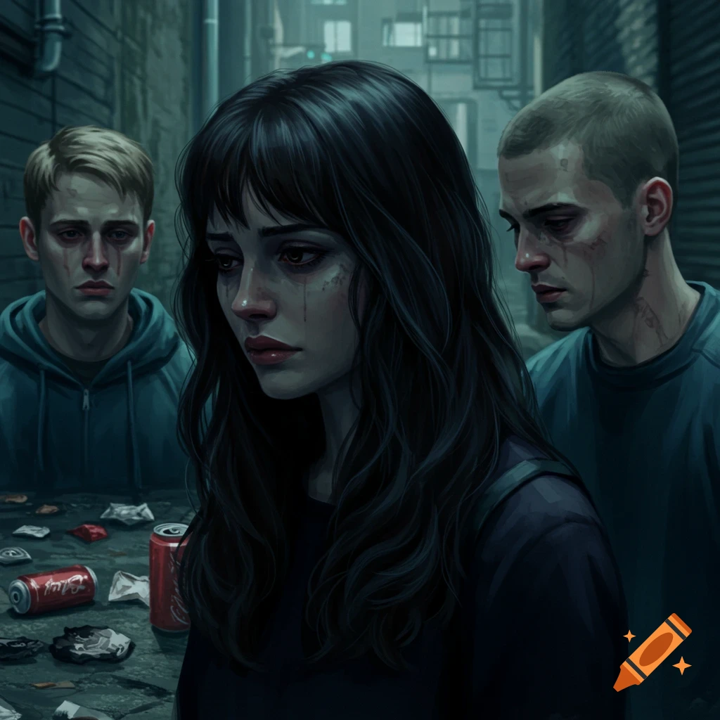 Three distressed young people in a dark urban alley with litter and soda cans.