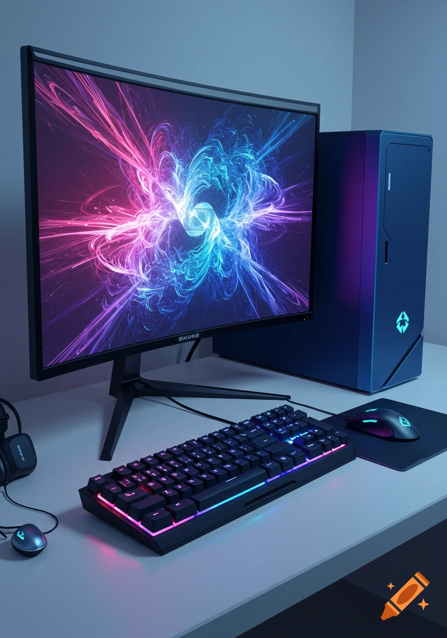 A computer desk setup with a monitor, keyboard, mouse, PC case, and headphones.