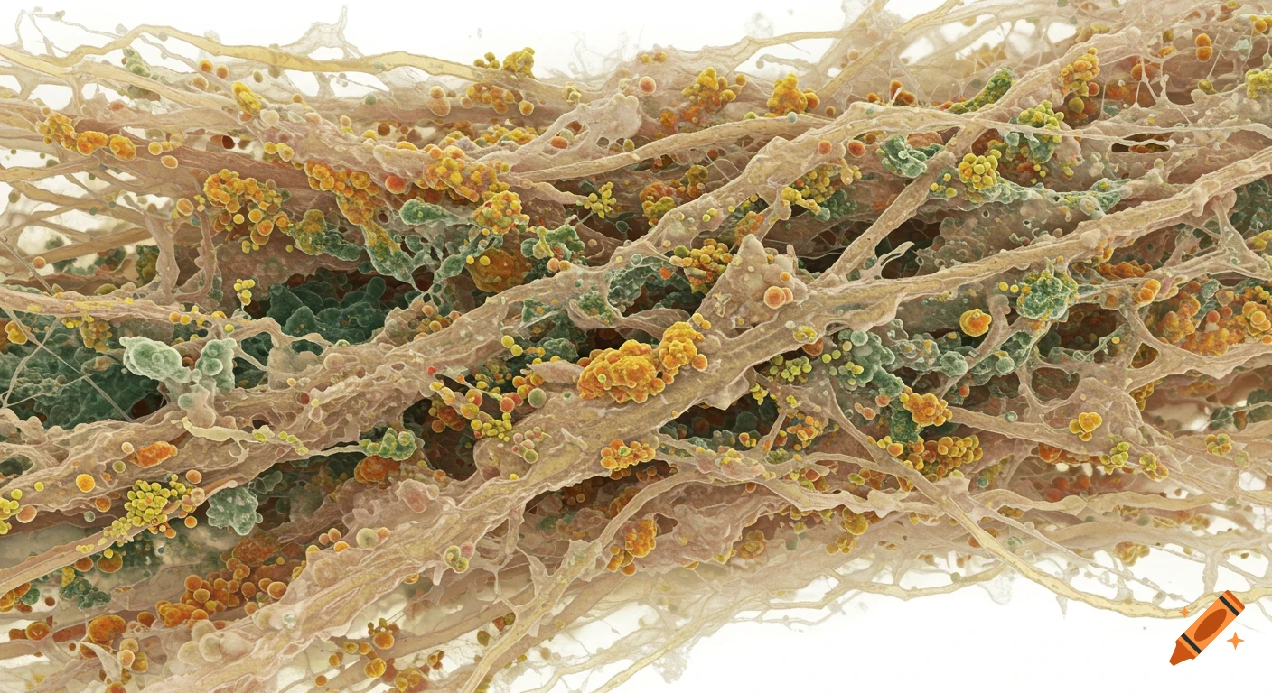 Microscopic view of tangled fibers with clusters of yellow, orange, and green particles.