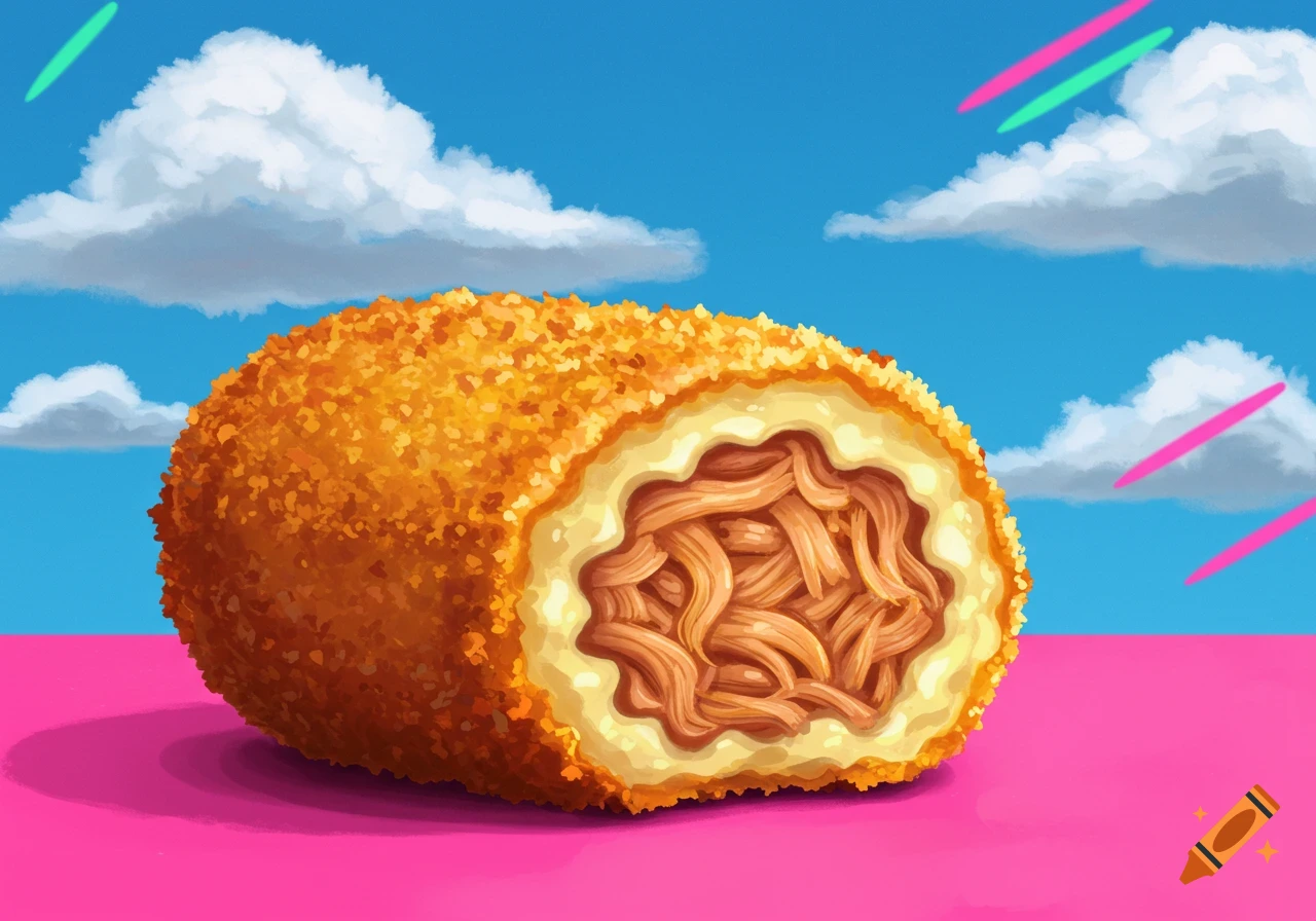A large breaded roll is cut open to show a spaghetti filling. It sits on a pink surface with a blue sky.
