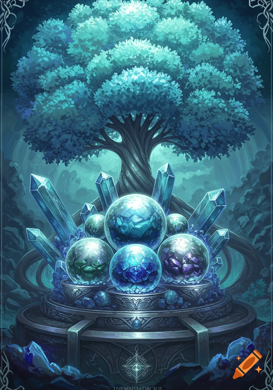 A large tree with blue leaves is surrounded by blue crystalline spheres and crystals on a pedestal.