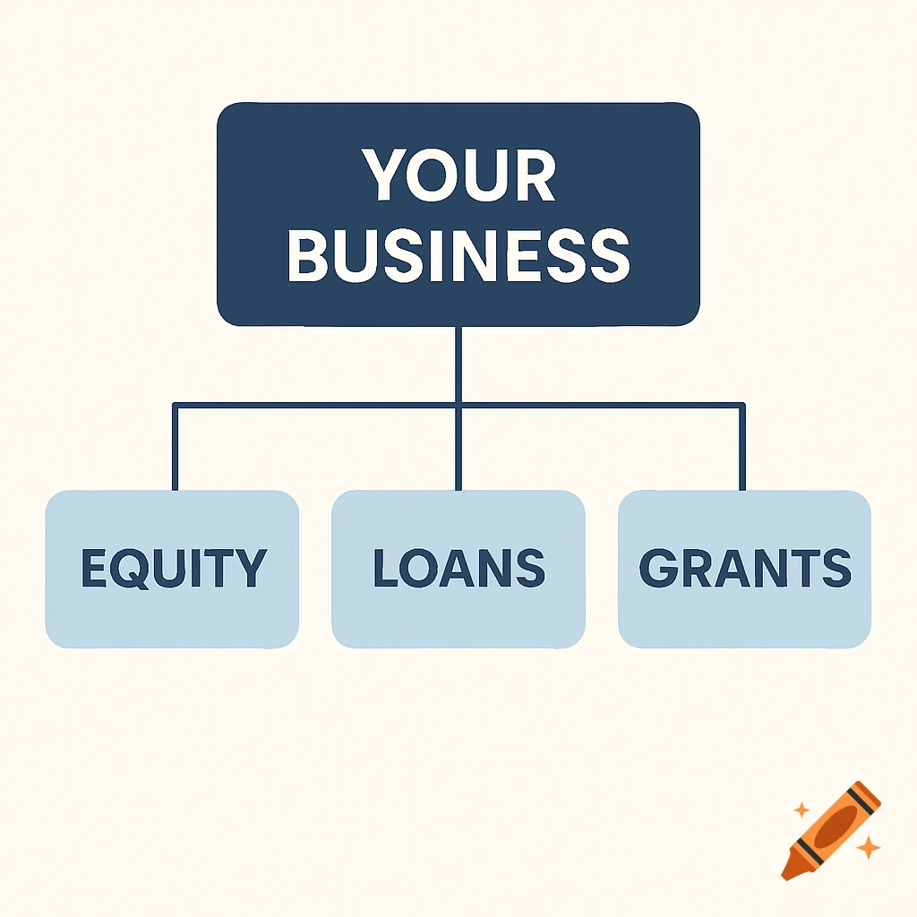 A simple organizational chart diagram showing 'Your Business' connected to 'Equity', 'Loans', and 'Grants'.