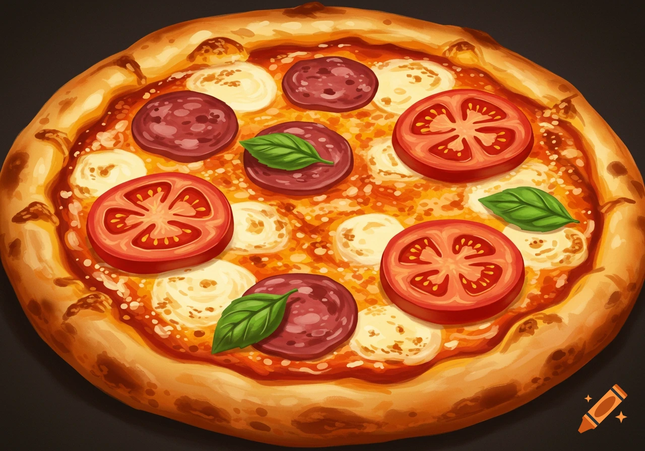 A pizza topped with pepperoni, tomato slices, mozzarella, and basil leaves.