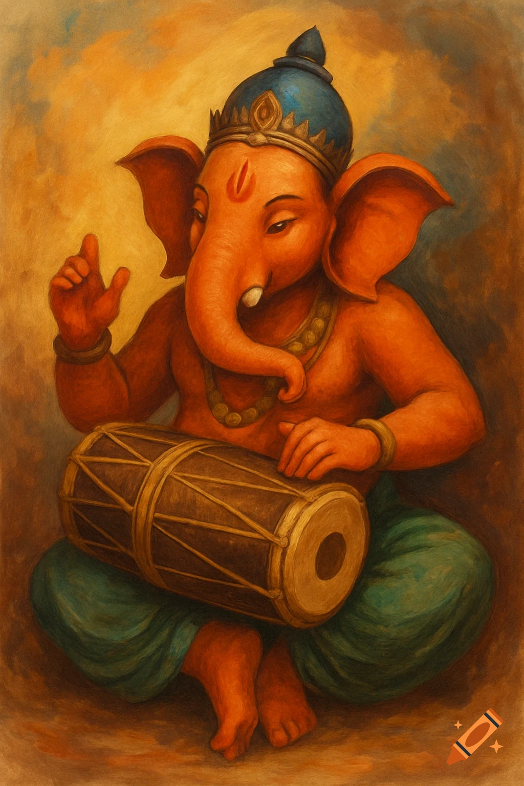 Painting of Ganesha, the elephant-headed deity, playing a drum.