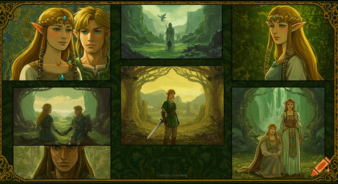 Multi-panel image in pre-Raphaelite style featuring fantasy characters in landscapes.