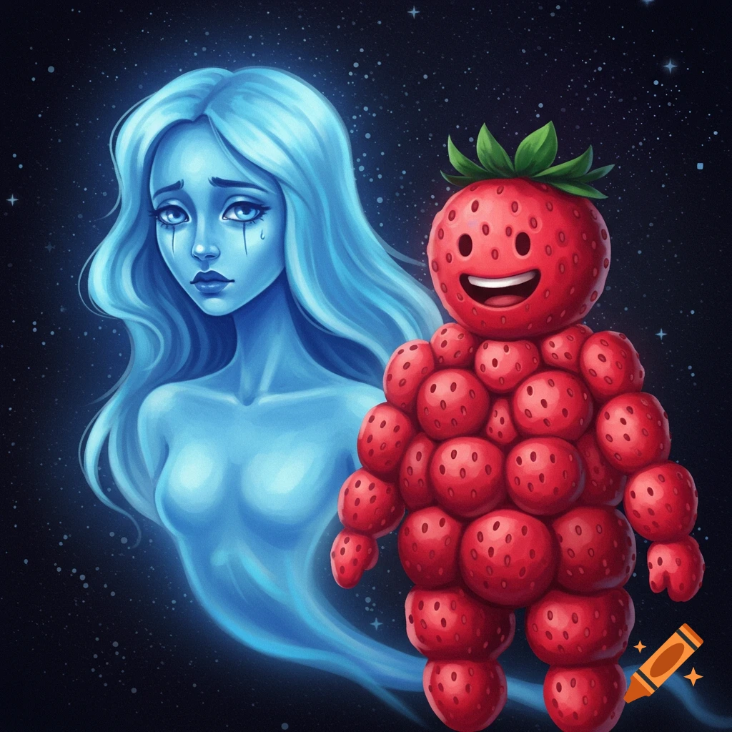 A blue ghost woman and a strawberry man stand against a starry background.