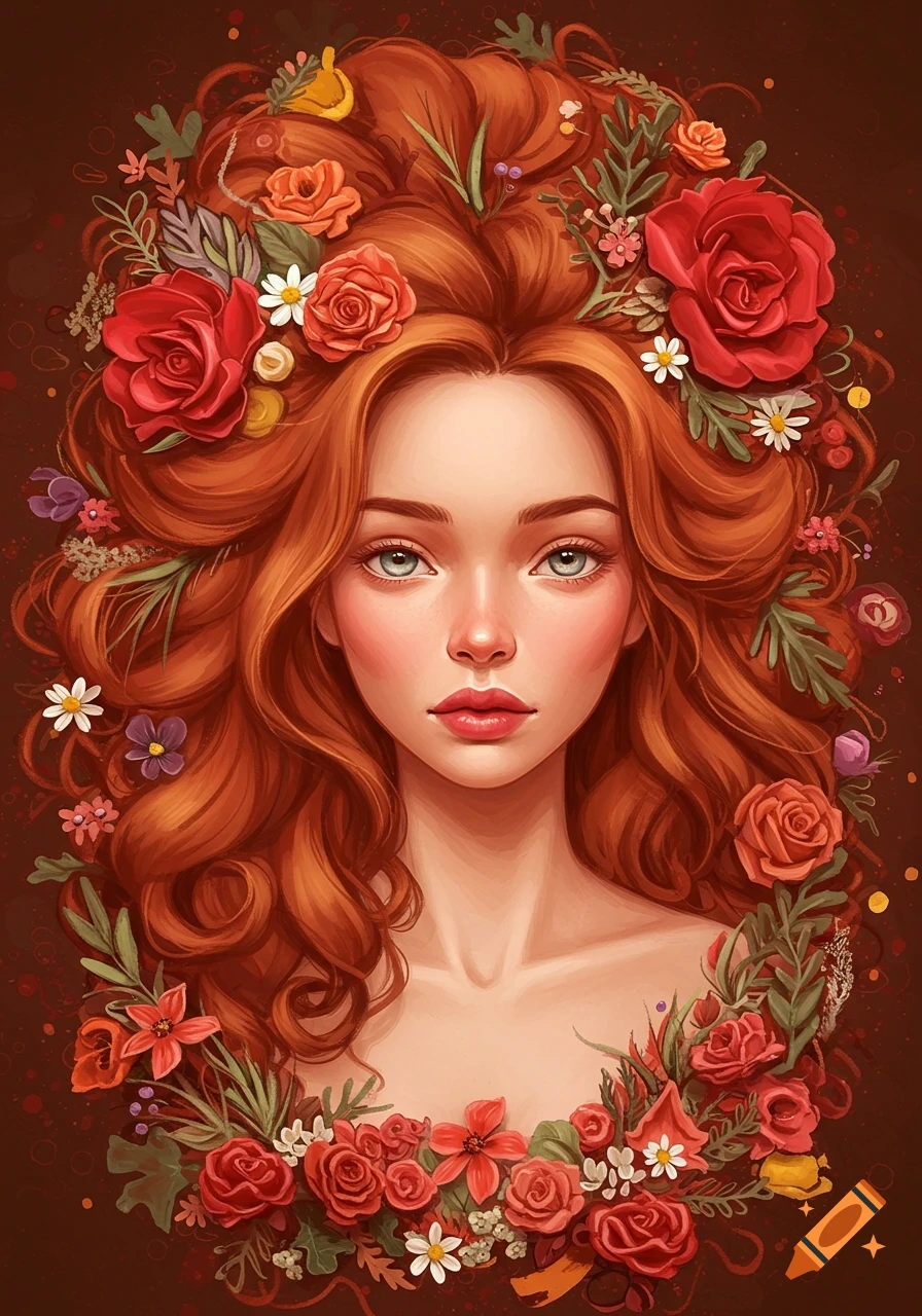 Portrait of a woman with red hair adorned with red and white flowers.