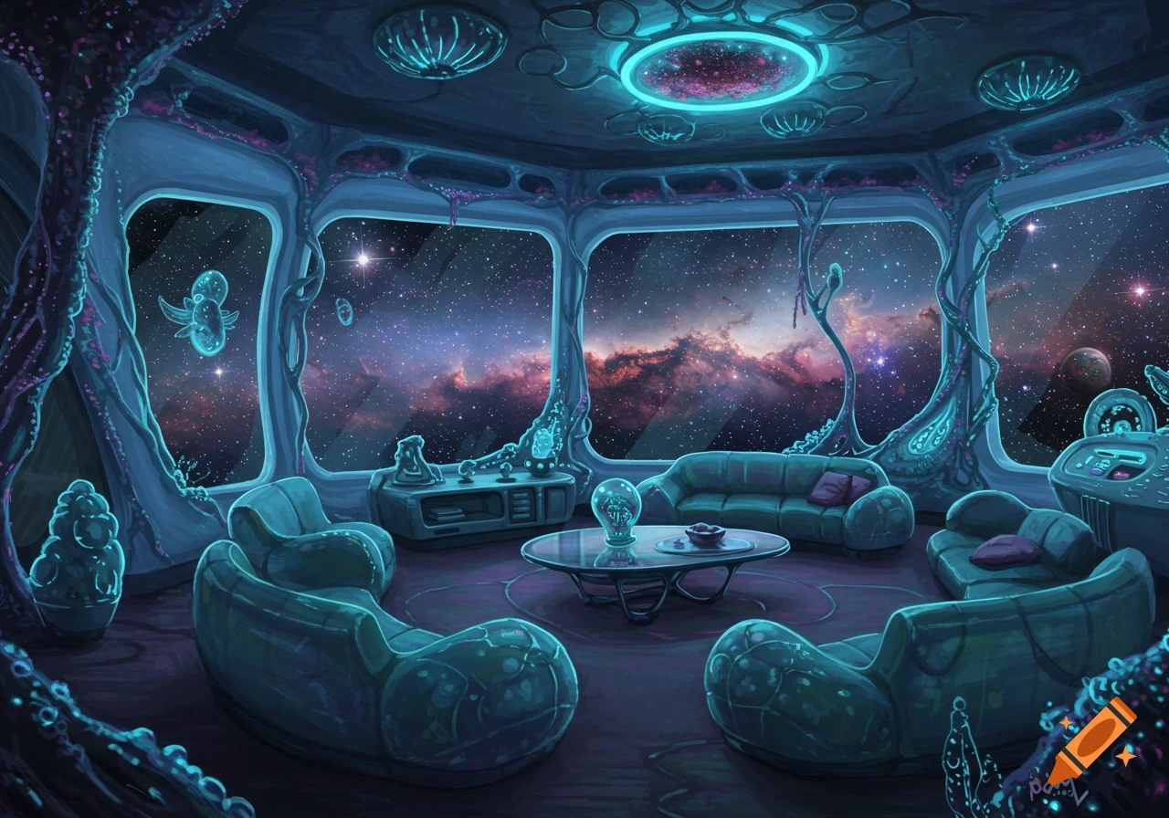 An alien living room with large windows looking out into space.