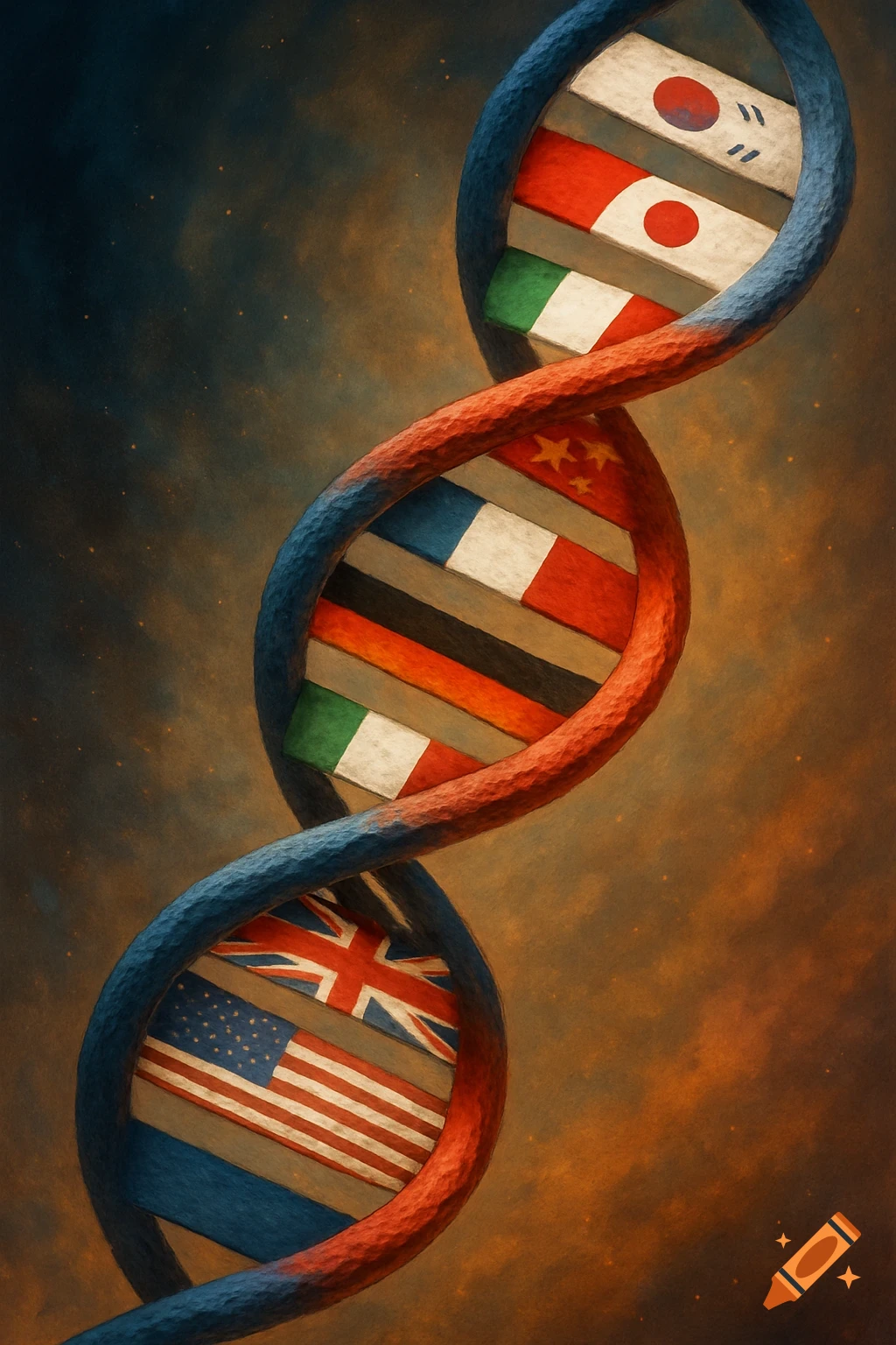 A DNA helix with national flags as base pairs