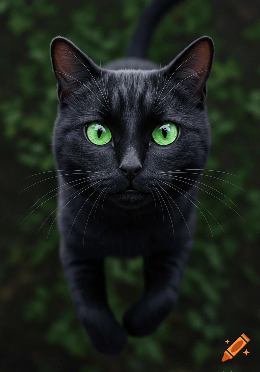 A black cat with bright green eyes looks forward.