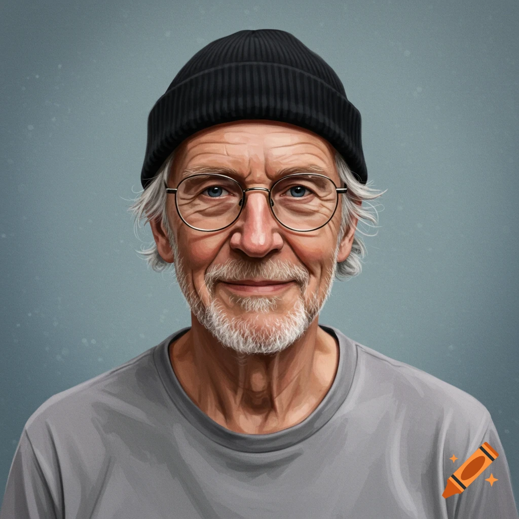 An older man with a white beard, glasses, and a black beanie, wearing a grey t-shirt.