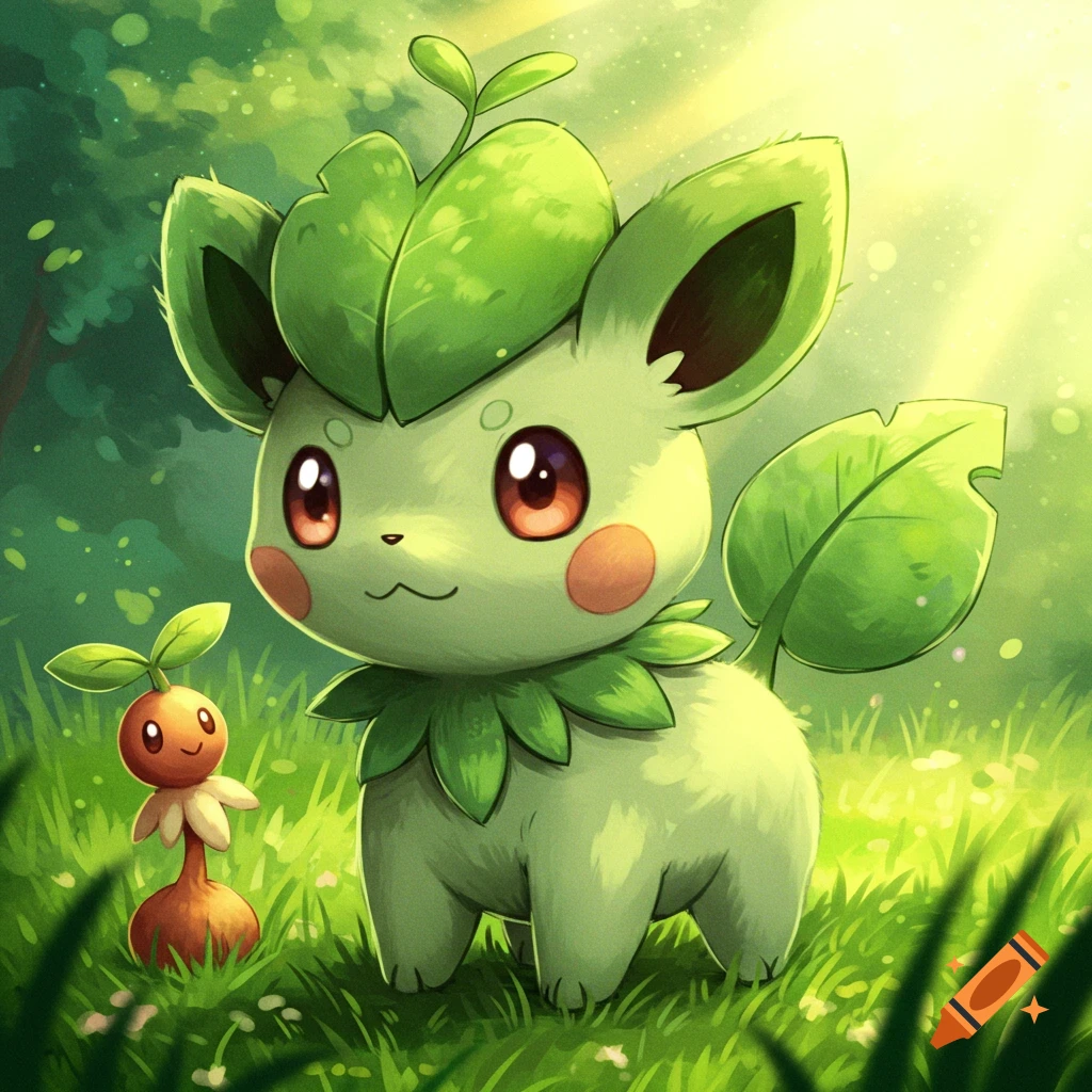 A cute green leaf creature resembling Leafeon and a small plant creature in a sunny forest