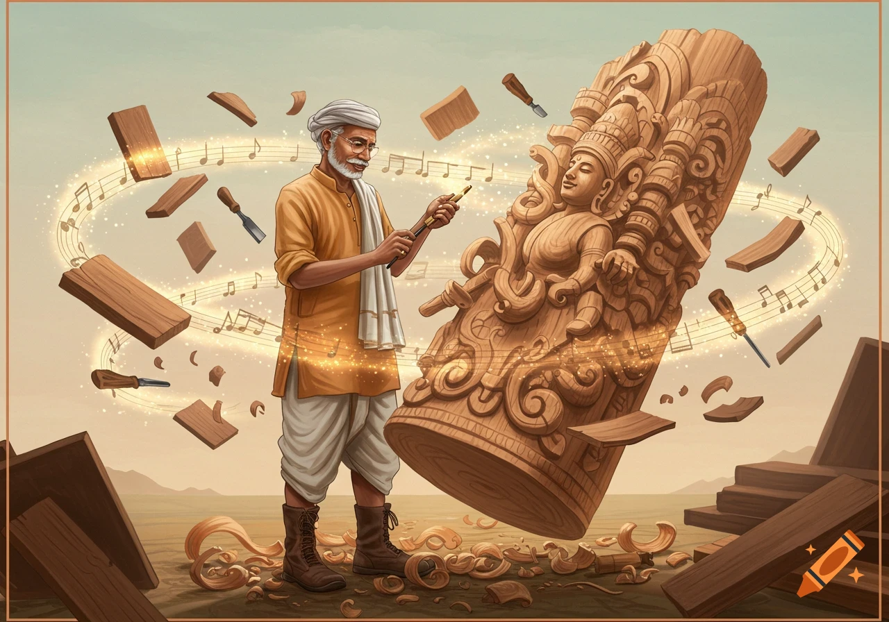 An old man carves a large wooden sculpture, surrounded by floating music notes and wood pieces.