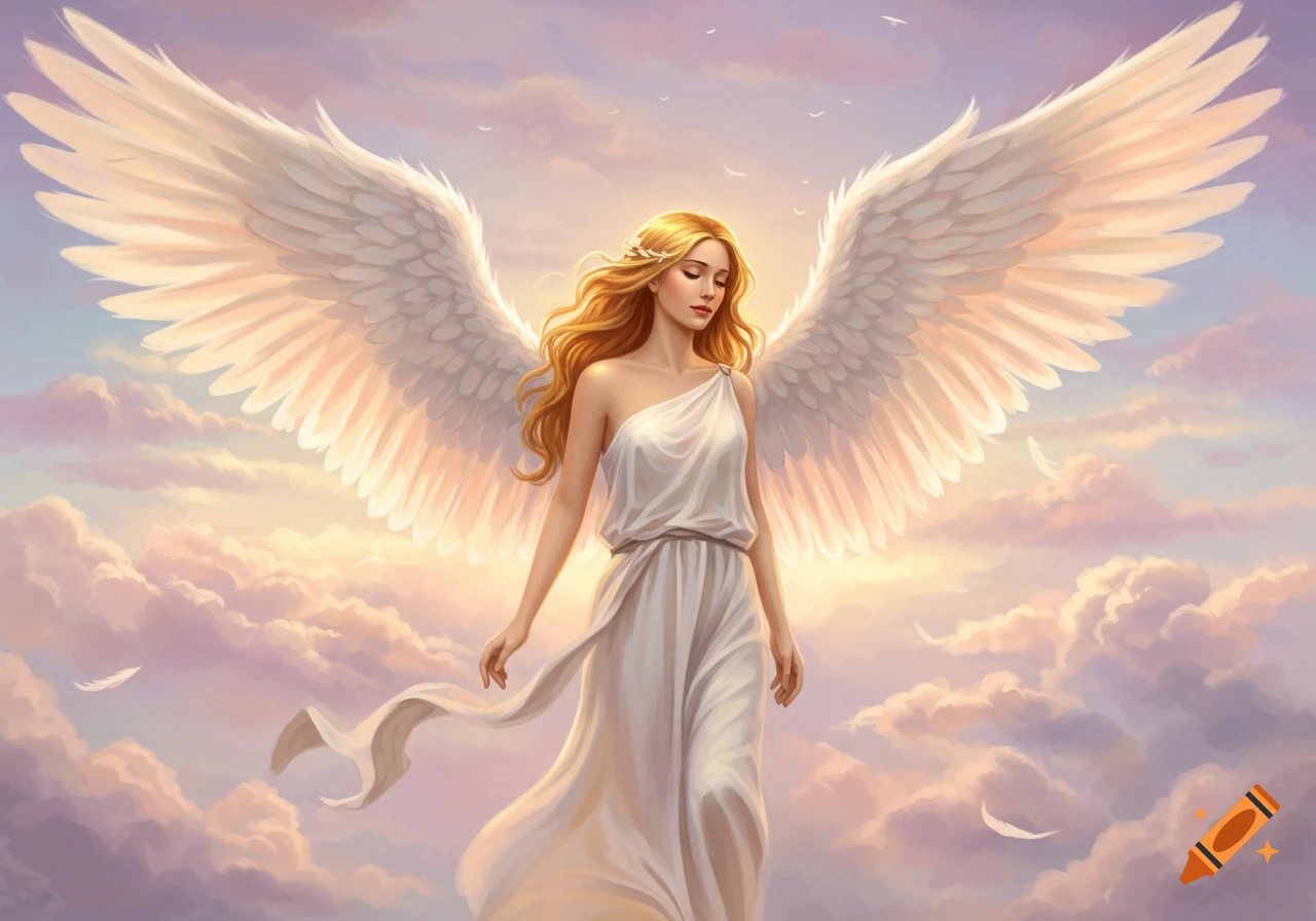 An angel with large white wings stands among clouds at sunset.